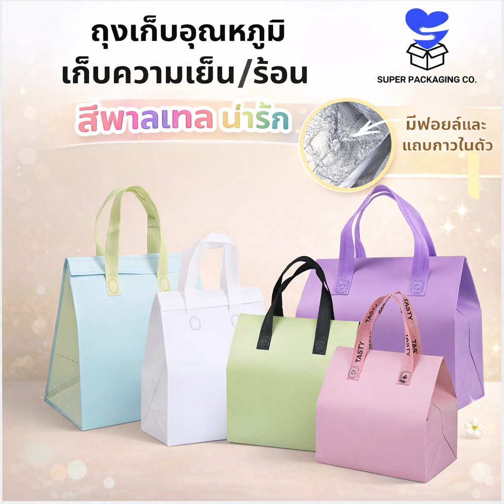 [พร้อมส่ง 50ใบ] ถุงเก็บความเย็น ขนาด S ใส่แก้วได้2ใบ สำหรับร้านขายน้ำ กาแฟ(11x21x26 cm) สีพาสเทล