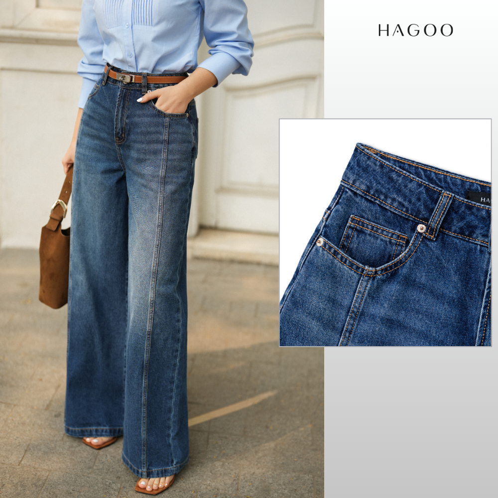 HAGOO กางเกงยีนส์ผู้หญิง ทรงตรง เอวสูง แต่งตะเข็บ ลุคทำงาน [Q1001]