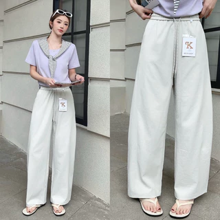 Reallyshops #52050(K) กางเกงขายาวทรงกระบอกใหญ่ เชือกหน้า เอวยางยืด ผู้หญิง