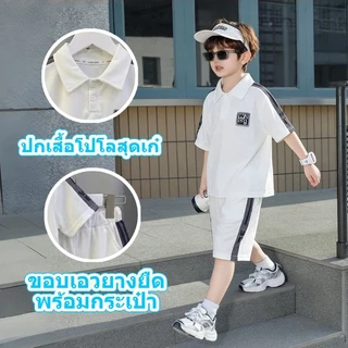 ชุดเสื้อโปโลเด็กสไตล์เกาหลี เรียบง่ายและมีสไตล์ เสื้อแขนสั้น + กางเกงขาสั้น พิมพ์ลาย ระบายอากาศได้ดีและเย็นสบาย
