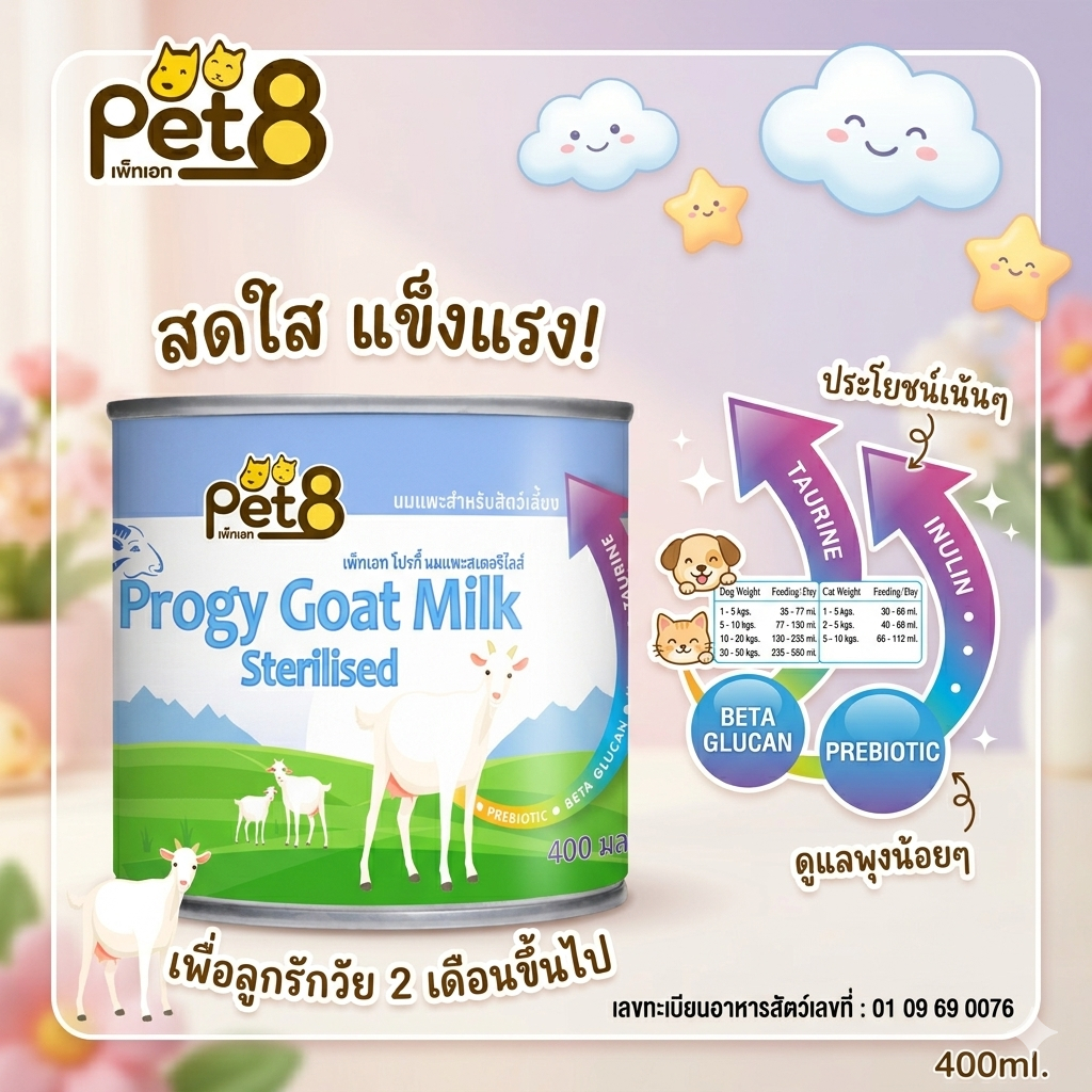 นมแพะ สเตอริไลส์สำหรับสัตว์ ลูกสุนัขและลูกแมว by pet8  sterilised 100% goat milk for Animal  400ml แคลเซียมสูง
