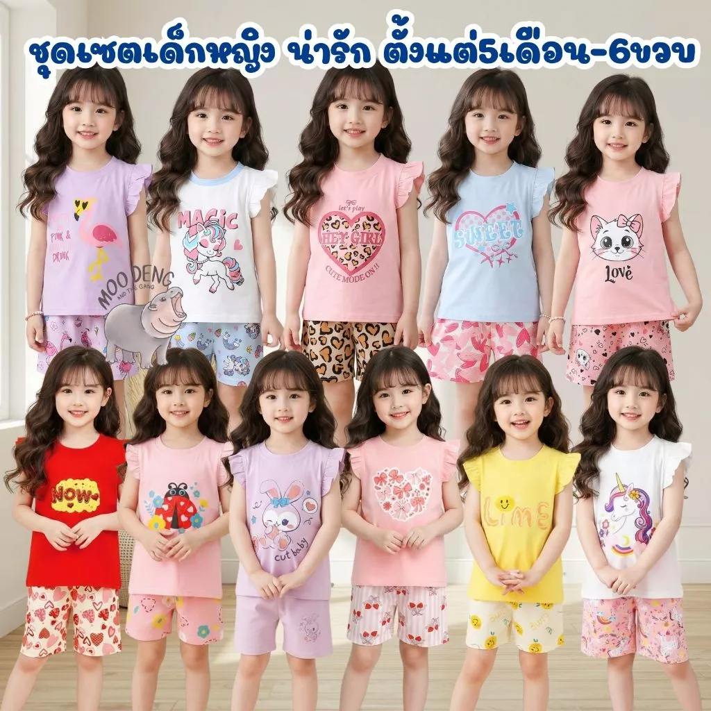 ชุดเซ็ทเด็กผู้หญิง เสือแขนสัน ทรง ระบาย+กางเกงขาสัน Size73-130 1เดือน-6ปี ลายน่ารัก ผ้าcotton สบาย