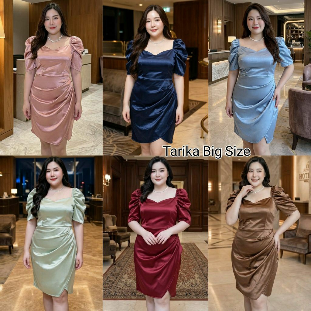 ชุดทำงานแขนสั้น เดรสสั้นสาวอวบ อก 42-50" แขนจีบพอง ใส่ออกงาน ชุดพิธีกร ผ้าซาติน ไซส์ใหญ่ สาวอ้วน Midi dress plus size