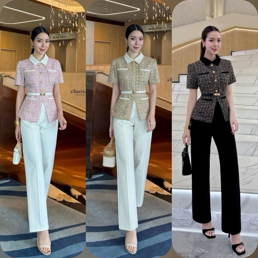 พร้อมส่ง ✅เซ็ท 3 ชิ้น เสื้อทวิตแขนสั้น + กางเกง มาพร้อมเข็มขัด สวยหรูมากกก