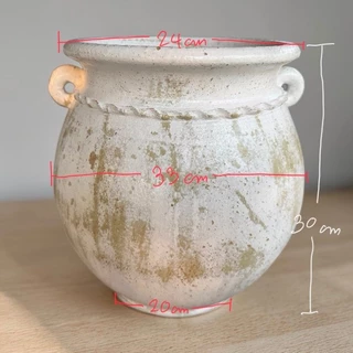 Flowerpot กระถางดินเผาทรงโอ่งอ้วนปากบาน มีหู 2 หู สีวินเทจสไตล์ ขนาด 33 X 31 cm.