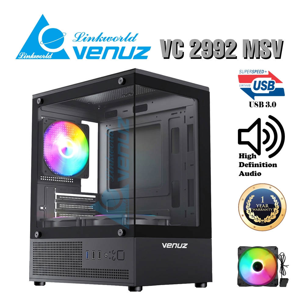 VENUZ micro ATX SEA VIEW computer case VC 2992 MSV with Rainbow RGB Fan x 3 - Black Features Glass front panel and