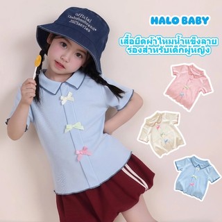 เสื้อโปโลไหมน้ำแข็งลายร่องสำหรับเด็กผู้หญิง — ตกแต่งด้วยโบว์สุดน่ารัก สีพื้นเรียบง่าย สวมใส่ได้หลากหลายสไตล์