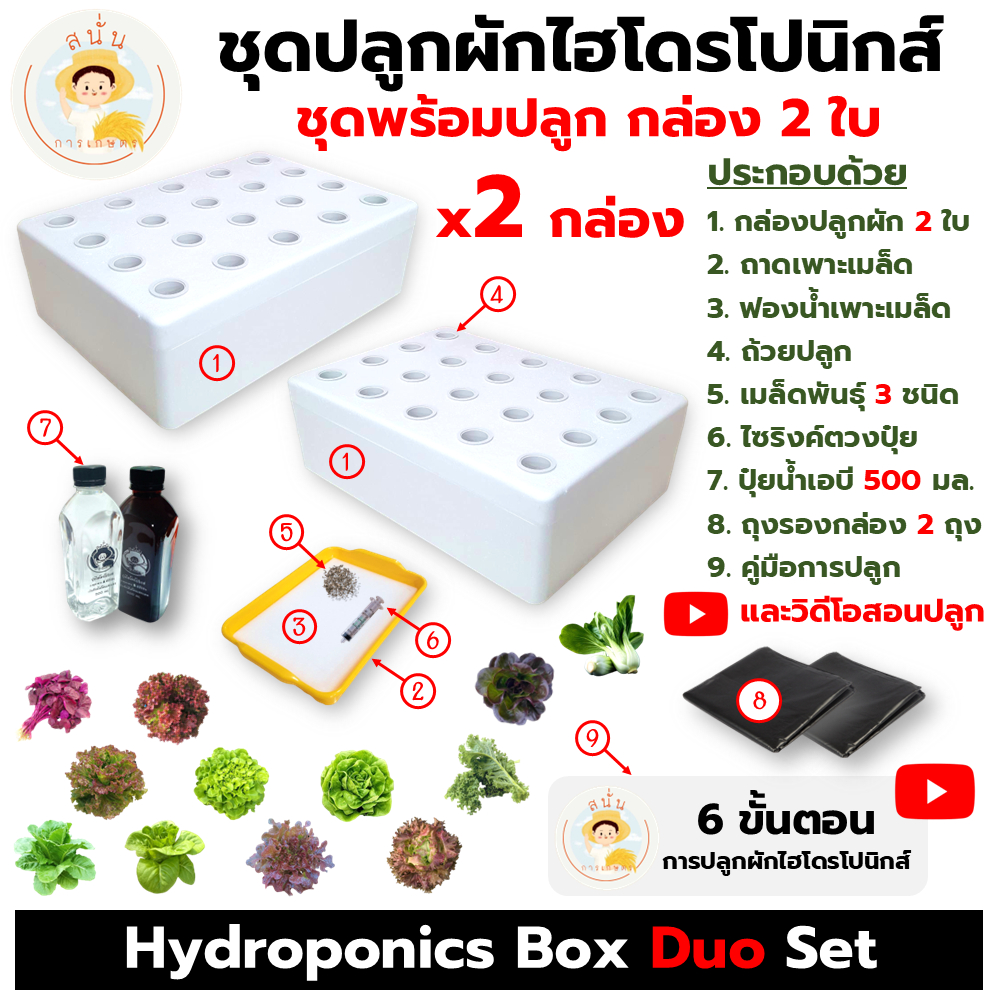 (ชุดพร้อมปลูก กล่อง 2 ใบ) ชุดกล่องปลูกผัก ไฮโดรโปนิกส์ อุปกรณ์ครบชุด เมล็ด 3 ชนิด พร้อมวิดีโอสอนปลูก