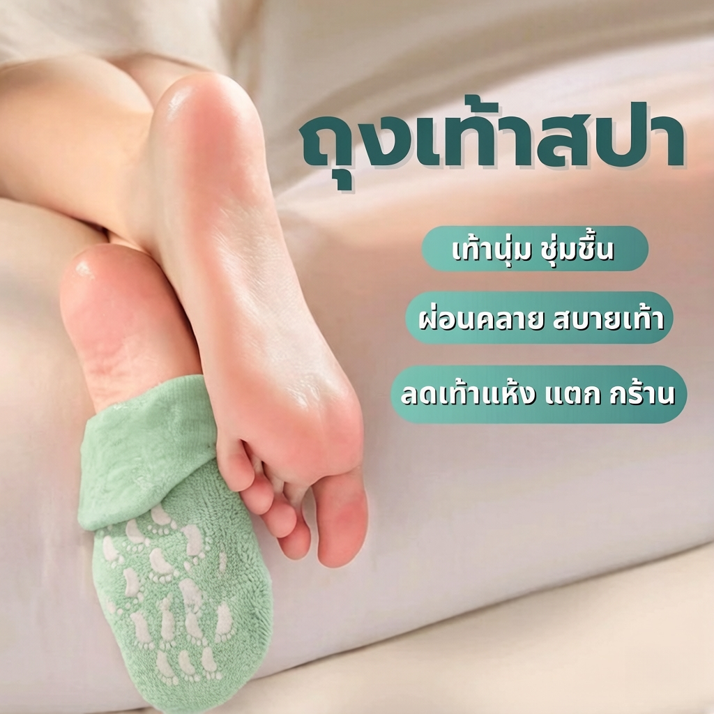 ถุงเท้าเจลซิลิโคน มีวิตามินและน้ำมันหอมระเหย ผสมอโรเวร่า เพิ่มความชุ่มชื้นสำหรับเท้าที่แห้งแตก Silicone socks ถุงเท้าเจล