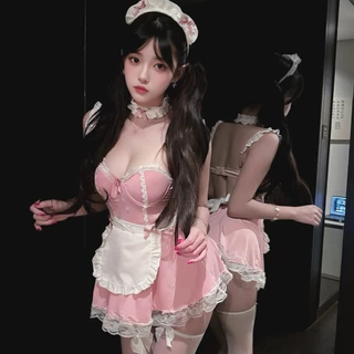ชุดแม่บ้าน โบว์ประดับ ขอบลูกไม้สีขาว การออกแบบผ้ากันเปื้อน เซ็กซี่และน่ารัก ชุดคอสเพลย์