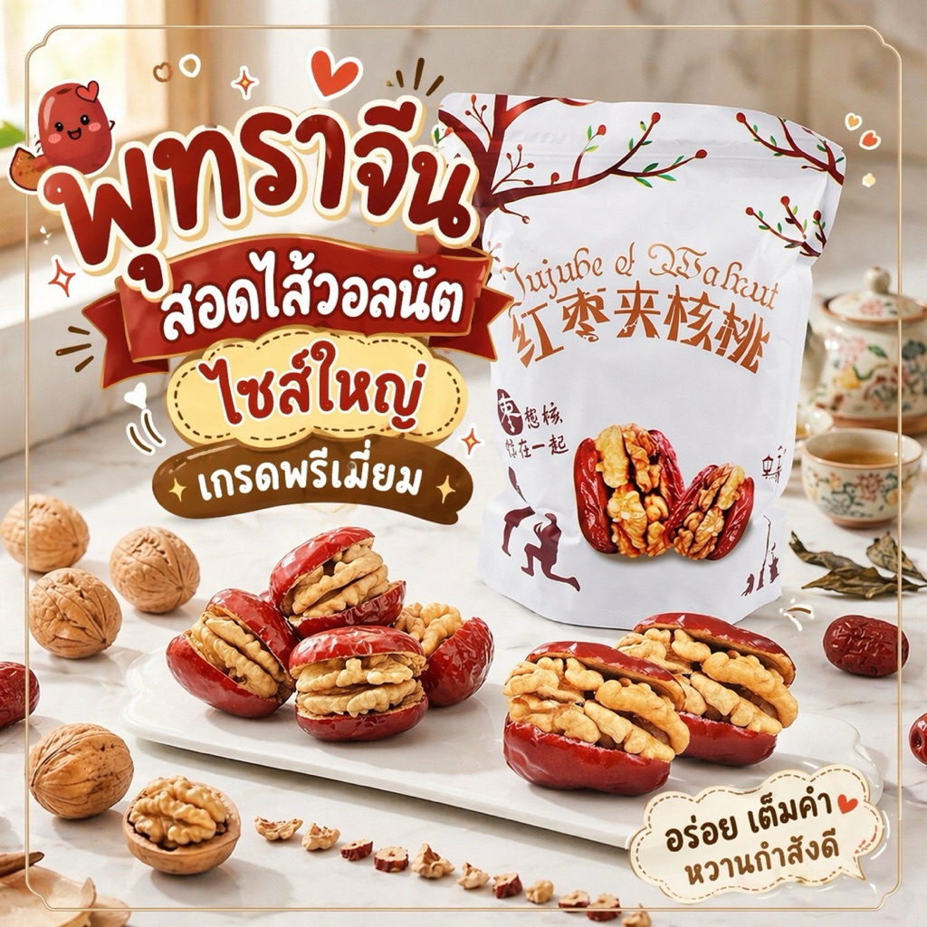 [พร้อมส่งจากไทย] พุทราจีนสอดไส้วอลนัท เนื้อนุ่มหอมหวาน วอลนัท กรอบใหม่ 500 กรัม