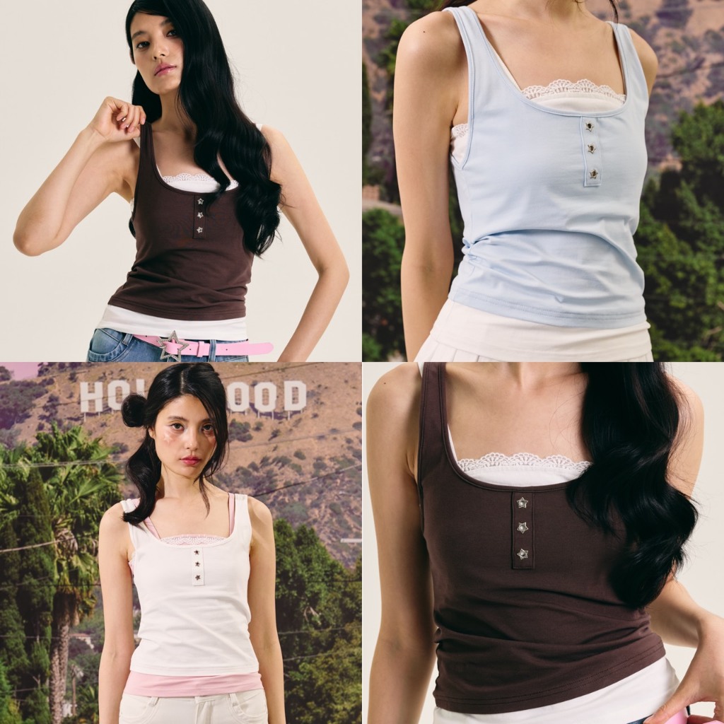 [พร้อมส่ง] CHUUCHOP - (S-4XL) Ruby Tank Top เสื้อกล้ามแต่งเลเยอร์ลูกไม้ ดีเทลกระดุมหัวใจ ผ้านุ่มใส่สบาย (C8552)