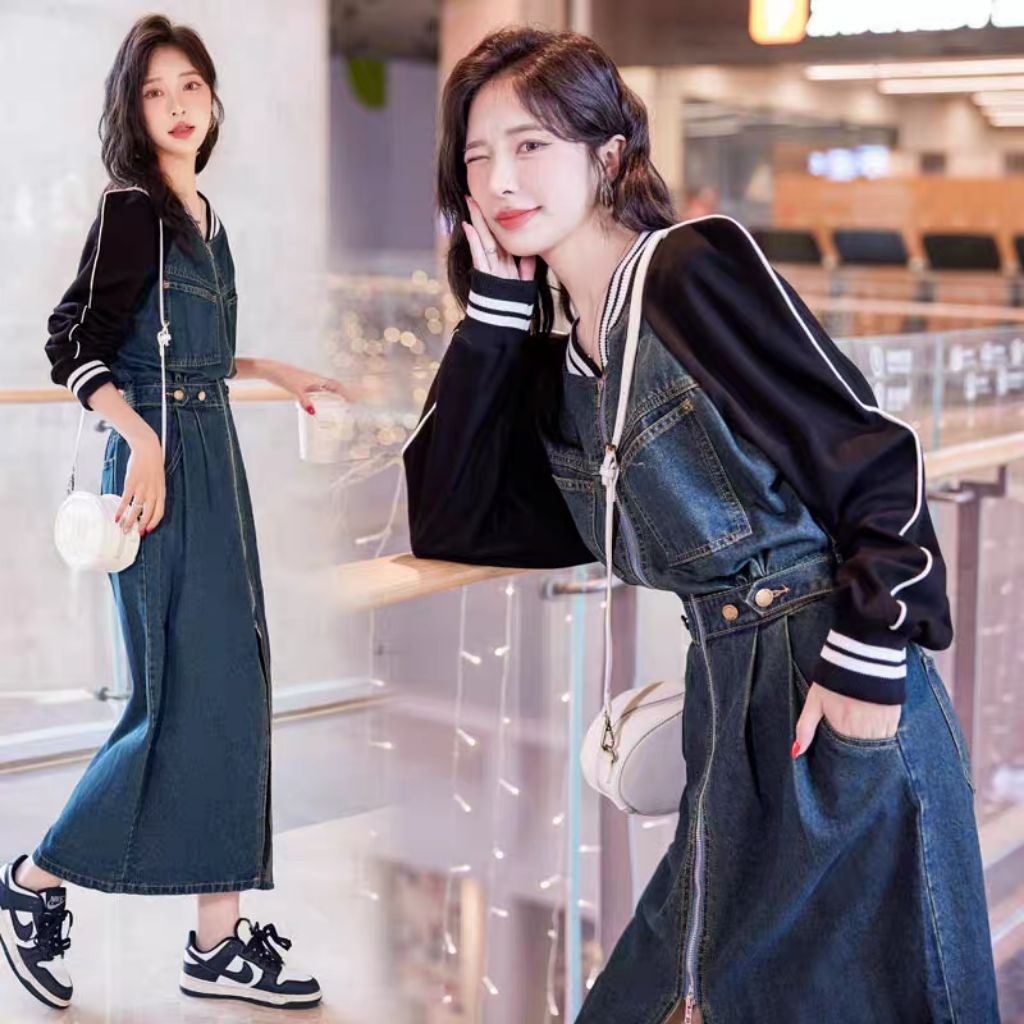 A118ꔛ ꕤ ˚เดรสยีนส์เข้ม อ่อน ซิบ 2 ทางบนล่าง ช่วงบนเป็นคอทตอลเนื้อนิ่มนุ่มใส่สบาย งานเก๋ งานดีค่ะ เอวสมอคยืดได้เยอะเลยꔛ ꕤ