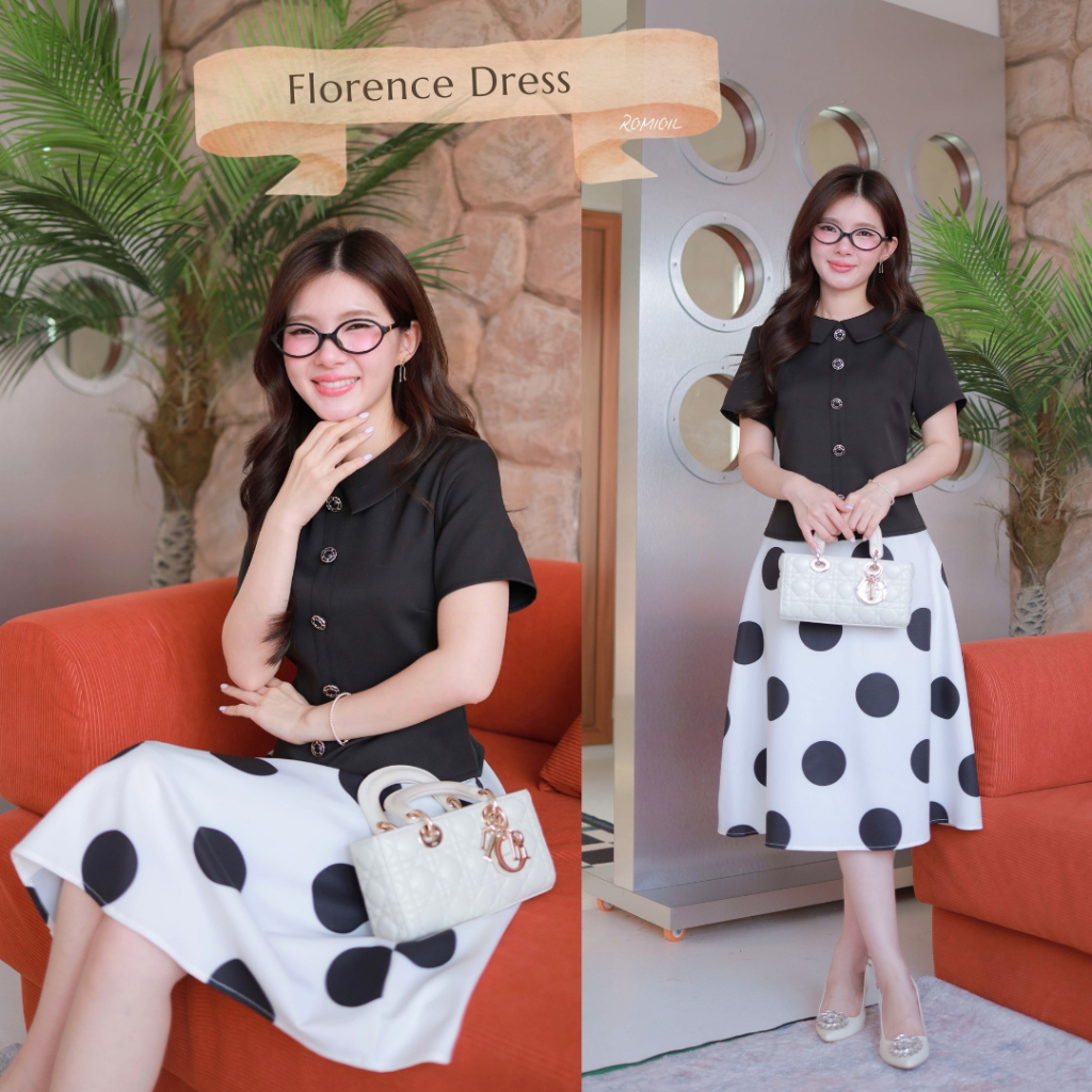“Romi”Oil” Florence Dress (ฺBlack) K393 ชุดเดรสสีดำ (แต่งกระดุมหน้ากระโปรงลายจุดมีเข็มขัดให้) – โปรปัง