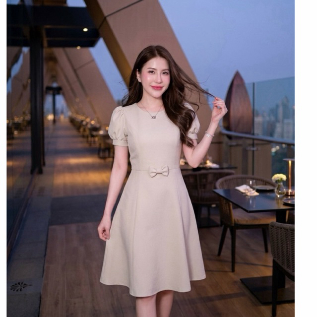 D844 เดรสคอกลม แต่งโบว์ที่เอว  มีไซส์ S-3XL ความยาว 40 นิ้ว ผ้าบาบี้เปเป้ เดรสคอกลม เดรสคุณครู เดรสออกงาน เดรสไปงานแต่ง