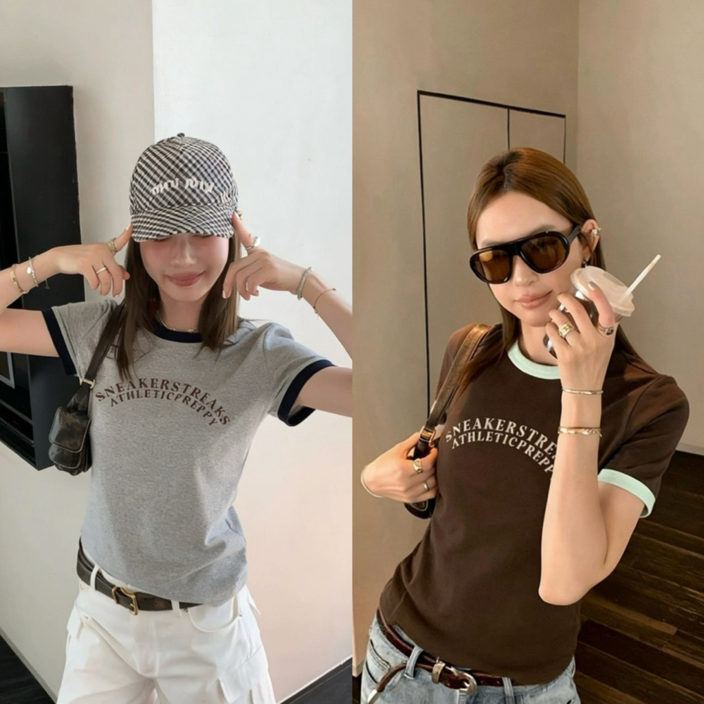 📍พร้อมส่ง น้ำตาล 📍9239# เสื้อคอกลมแขนสั้นสกรีนลายช่วงอก เนื้อผ้าดี งานสวย  TAG:WG.WE 🇰🇷