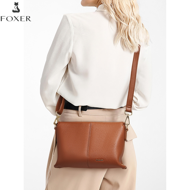 FOXER กระเป๋าคาดลำตัวหนังแท้ กระเป๋าสะพายไหล่สำหรับผู้หญิง กระเป๋าใส่โทรศัพท์แบบเรียบง่าย