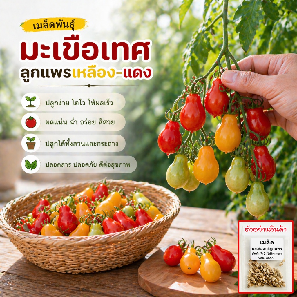 เมล็ดมะเขือเทศลูกแพร์ แดง-เหลือง Pear Tomato 25 เมล็ด อินทรีย์ออแกนิค งอกดี โตเร็ว ปลูกง่าย (ซื้อ 10 แถม 1 )
