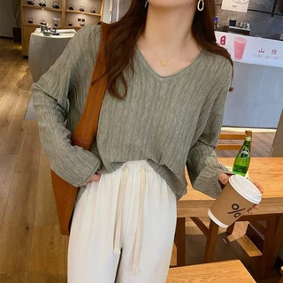 เสื้อสเวตเตอร์คอวี สไตล์เกาหลี เนื้อผ้านุ่มสบาย แขนยาวบาง สำหรับผู้หญิง