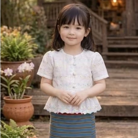 เสื้อลูกไม้ลายดอกปักสลับสี แขนสั้นกระตุกไหล่ชายระบาย