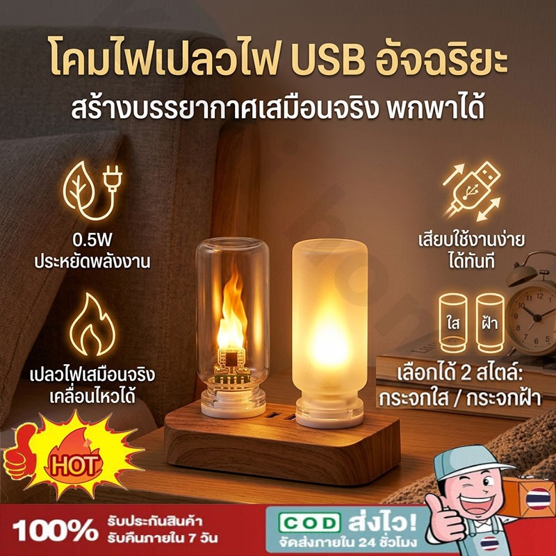 ไฟกลางคืน LED USB（5V)โคมไฟเปลวไฟ เทียนกระ พริบ ไฟตกแต่งสุดฮิต สร้างบรรยากาศเหมือนกองไฟ 【Ready】COD