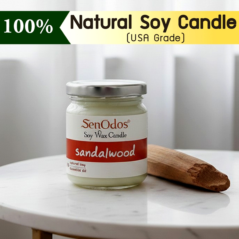 SenOdos เทียนหอม อโรม่า เทียนไขถั่วเหลืองแท้ กลิ่นไม้หอมแก่นจันทร์ Sandalwood Scented Soy Candle Aroma 190 g.