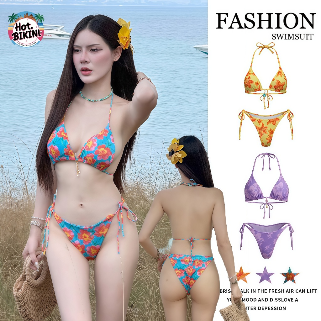 Hot.Bikini swimming suit for women sexy บิกินี่ทะเล bikini set ชุด 2 ชิ้น คล้องคอ ลายดอก สายรัดด้านข้าง เปิดหลัง