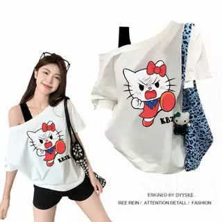 M-3XL Hello Kitty พิมพ์ลายหวาน เสื้อผ้าแฟชั่นตามกระแส เสื้อเชิ้ต T ของสาวอ้วน เสื้อสไตล์อเมริกัน เสื้อผ้าวินเทจหญิงเท่ๆ