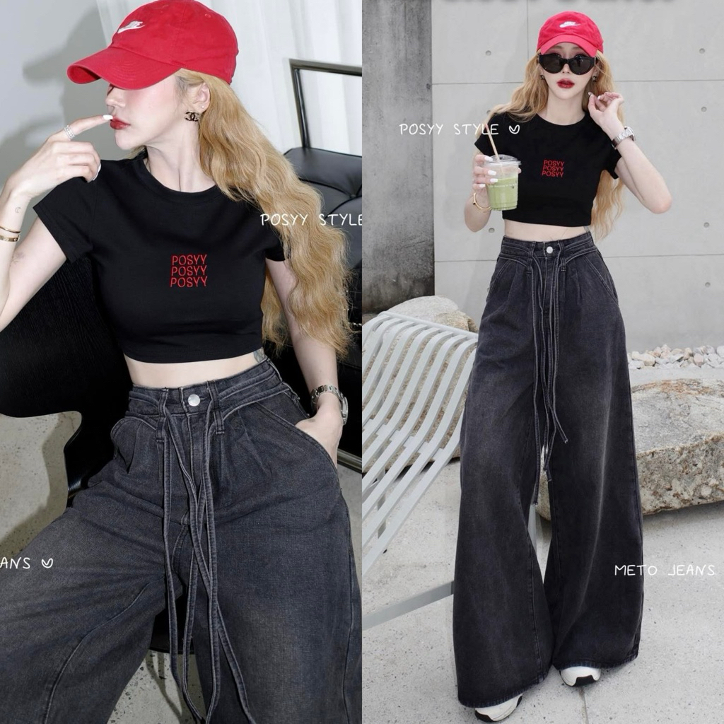 🔥🔥 Posyy งานตามหา เสื้อมือ1 ป้ายห้อย S กางเกงมือ2 ใส่ครั้งเดียว ไซส์ M ✅ - เสื้อครอปดำ + กางเกงยีนส์ทรงขาบาน 🖤☑️