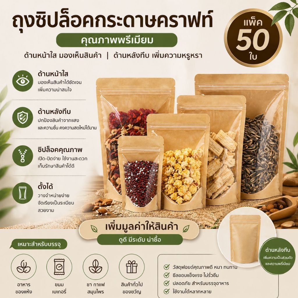 🌟 ถุงซิปล็อคกระดาษคราฟท์ (แพ็ค 50 ใบ) ด้านหน้าใส ด้านหลังทึบ คุณภาพพรีเมียม 🌟