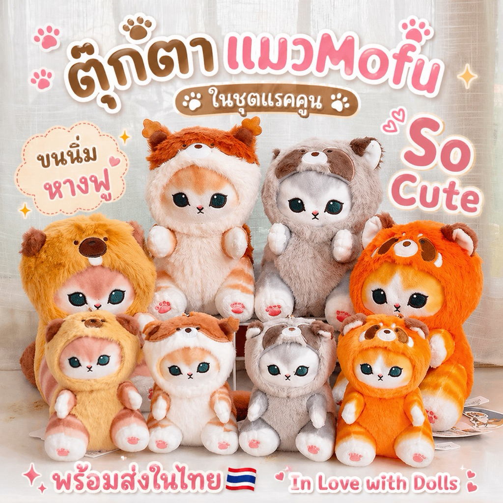 พร้อมส่ง ตุ๊กตาแมว Mofu ชุดแรคคูน ขนนุ่ม หางฟู น่ารักเกินต้าน