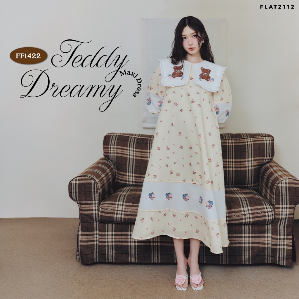 FLAT2112 : TEDDY DREAMY MAXI DRESS เดรสยาวสีครีมลายดอก ปกใหญ่ปักหมี สไตล์วินเทจเกาหลี เดรสทรงปล่อย (FF1422)
