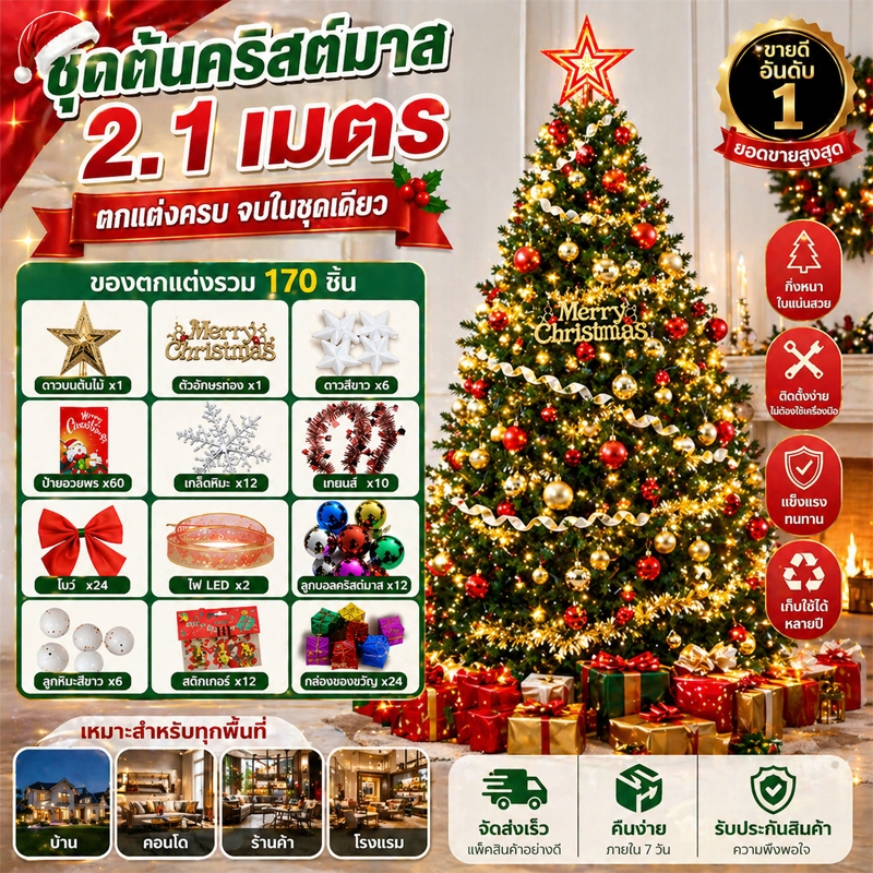 Christmas tree ต้นไม้คริสต์มาส ตกแต่งคริสต์มาส ต้นคริสต์มาสปลอม แถมของห้อย1ถุง ไม้สนเทียม PVCที่ใช้ซ้ำ ต้นคริสต์มาส