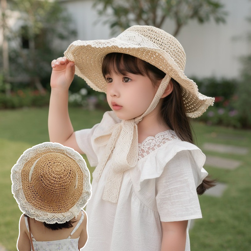 หมวกสานเด็ก หมวกฟางสำหรับเด็ก หมวกกันแดด แฟชั่นร้อยชุด ป้องกันแสงแดด สำหรับเดินป่า 50-52CM ราคา ถูกที่สุด ดีลบีเคเค แกลเลอรีภาพที่ 9