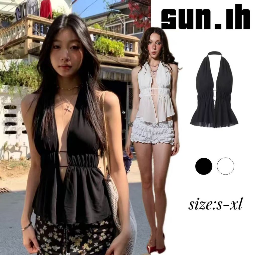 SUN🛍️พร้อมส่ง🛍️เสื้อครอปเซ็กซี่ คอ ฮัลเตอร์ ทรงเรียบ เปิดหลัง สำหรับผู้หญิง ฤดูร้อน/ฤดูใบไม้ผลิ