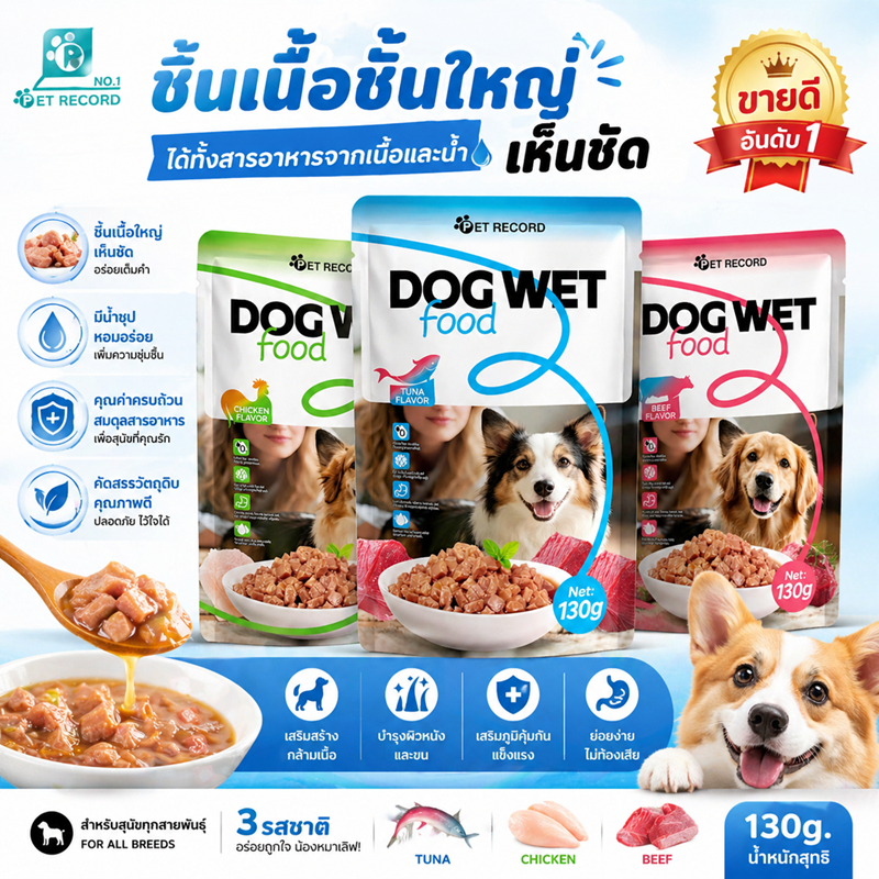 PET Record อาหารเปียกสุนัข 130g โปรตีนสูง เนื้อชิ้นในเกรวี่ สำหรับลูกสุนัขและสุนัขโต ไม่เค็ม