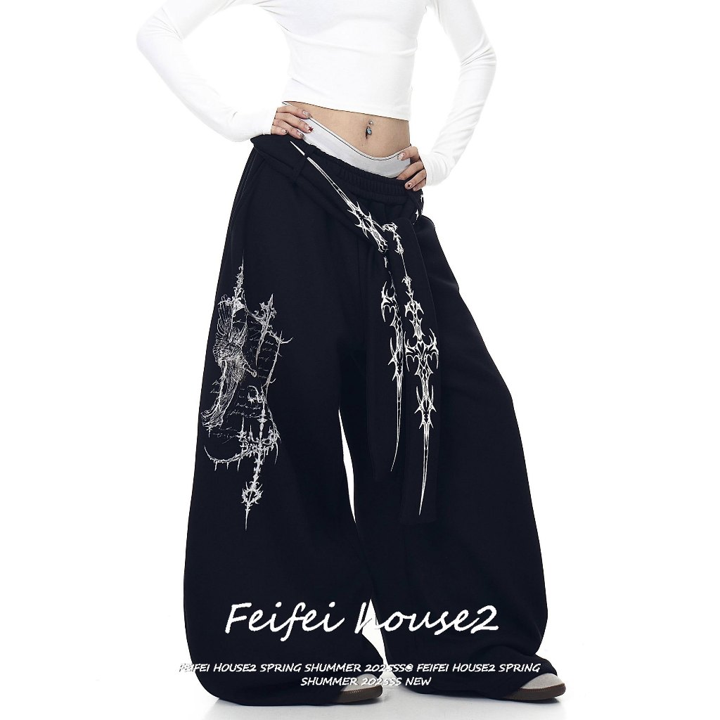 [Vintage hip-hop printed trousers]กางเกงขากว้างทรงหลวมสไตล์ฮิปฮอปอเมริกันแคชชวลลายพิมพ์ผูกเชือก