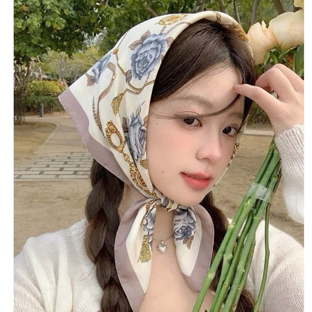จัดส่งไว!!ผ้าโพกศรีษะ ผ้าพันคอขนาด70x70cm. ผ้าสวยสไตล์เกาหลี เนื้อผ้าบางเบา