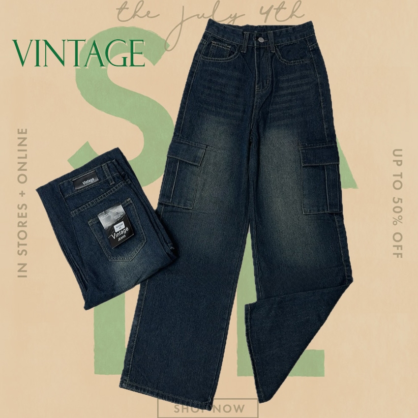 Vintage รุ่น Q3258 กางเกงยีนส์ คาร์โก้ ทรงกระบอก แต่งเฟดขา ทรงสวยผ้าไม่ยืด กระเป๋าตรง 2 ใบ