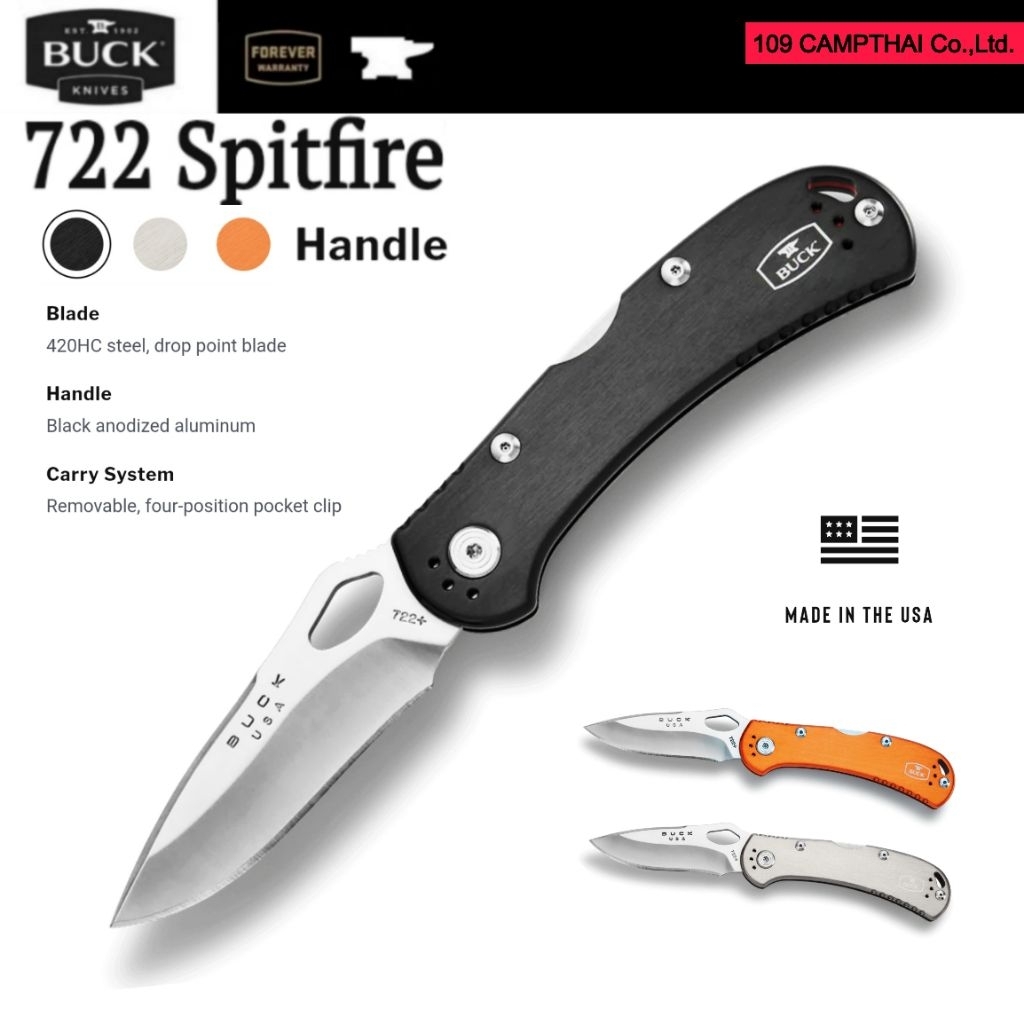Buck Spitfire มีดด้ามอลูมิเนียมที่บางและแข็งแรง มีระบบล๊อคใบมีดแบบล๊อคหลัง พกพาสะดวด ผลิต USA.