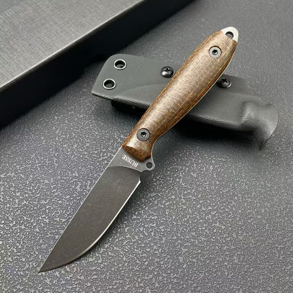 BUSSE มีดตรง วัสดุตัดขอบ: M390 วัสดุก้าน เหล็กชิ้นเดียว + ผ้าลินิน ความแข็ง: 58-60HRC
