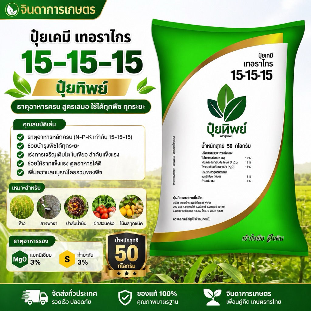 (แบ่งขาย 1 กก. ) ปุ๋ยสูตร 15-15-15 (ปุ๋ยทิพย์) เร่งการเจริญเติบโต ใบเขียว ลำต้นแข็งแรง