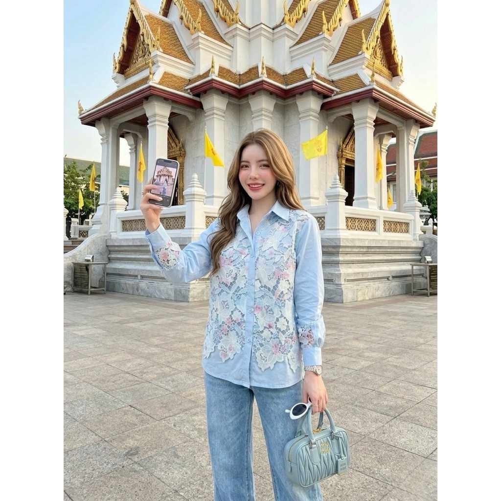 เสื้อเชิ๊ต คอตตอนแต่งลูกไม้ด้านหน้า แขนยาว มี 4 สี