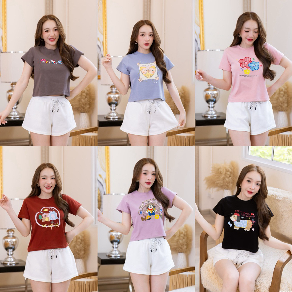 เสื้อยืดแขนสั้นทรงครอป ลายน่ารัก ผ้าคอตตอนยูนิ