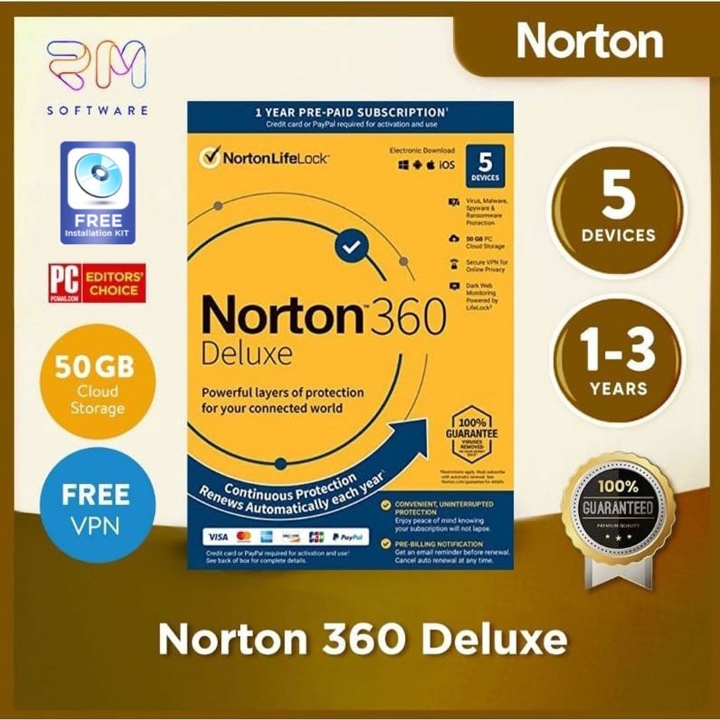 Norton 360 Deluxe Original Antivirus 5 PC Device 1 to 3 Year 50GB CLOUD