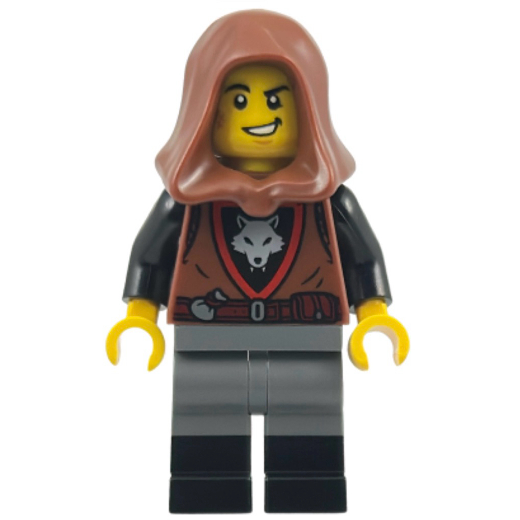LEGO Minifigure Wolfpack - Male, Dark Bluish Gray Legs with Black Boots, Reddish Brown Hood