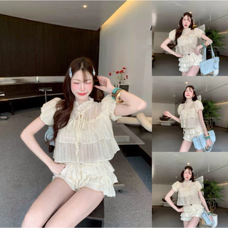 (อก28-34) เสื้อคอผูกโบว์แขนบอลลูนผ้าโรซี่ เสื้อแขนบอลลูน ใส่แล้วดูน่ารักลูกคุณหนูมาก