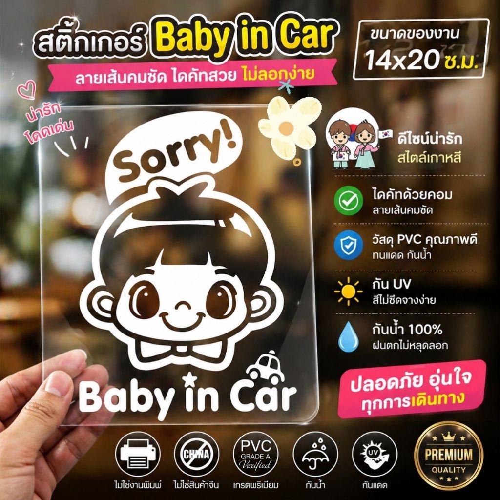 สติ๊กเกอร์ตัด ในรถมีเด็ก BABY IN CAR สไตล์เกาหลี รุ่น KORC-007 ไดคัท (ไม่ใช่งานพิมพ์) ขนาด 14x20 ซ.ม.
