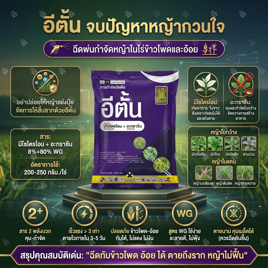 มีโซไตรโอน+อะทราซีน (1KGx12ซอง) อีตั้น สารคุมฆ่าวัชพืช วัชพืชใบแคบและใบกว้าง พ่นทับ อ้อย ข้าวโพด ได้