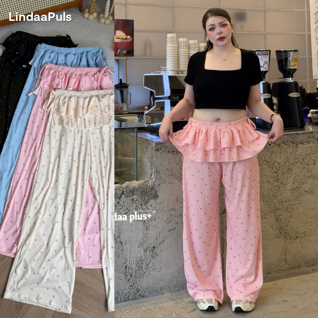 LindaaPlus-- กางเกงขายาวแต่งจีบเอวสาวอวบอ้วน⋆˚ʚɞ ผ้าร่องพิมพ์ลายดอกไม้ แต่งจีบชั้นๆเพิ่มความน่ารัก ผ้านิ่มยืดใส่สบาย